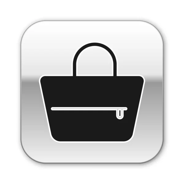 Svart handväska ikon isolerad på vit bakgrund. Kvinnlig handväska tecken. Glamour casual baggage symbol. Silverfyrkantig knapp. Vektor Illustration — Stock vektor