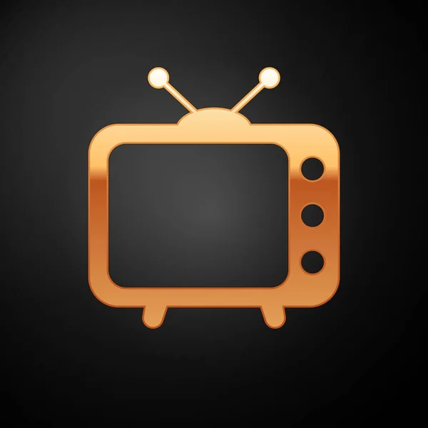 Ícone de TV de ouro isolado no fundo preto. Sinal de televisão. Ilustração vetorial — Vetor de Stock