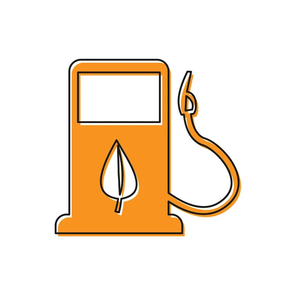 Orange bio fuel concept met brandstof mondstuk en blad icoon geïsoleerd op witte achtergrond. Benzinestation met bladeren. Eco tanken. Vector illustratie — Stockvector
