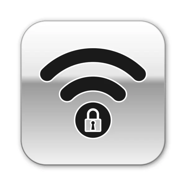 흰색 배경에 격리 된 검은 와이파이 잠금 기호 아이콘. 암호 Wi-Fi 기호입니다. 무선 네트워크 아이콘입니다. 와이파이 존. 실버 스퀘어 버튼. 벡터 일러스트레이션 — 스톡 벡터