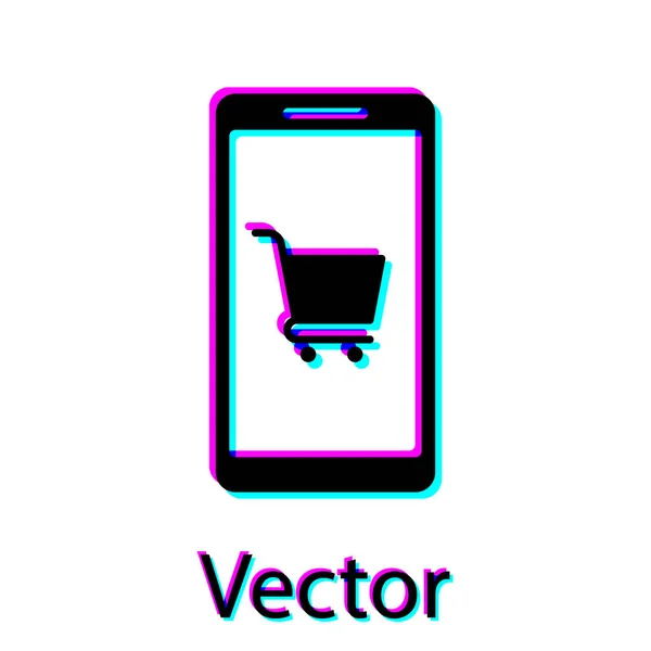 ブラック携帯電話とショッピングカートのアイコンは白い背景に隔離されています。オンライン購入記号。スーパーマーケットバスケットのシンボル。ベクターイラスト — ストックベクタ