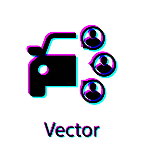 Coche Negro compartiendo con el grupo de personas icono aislado sobre fondo blanco. Carsharing signo. Transporte alquiler concepto de servicio. Ilustración vectorial — Vector de stock