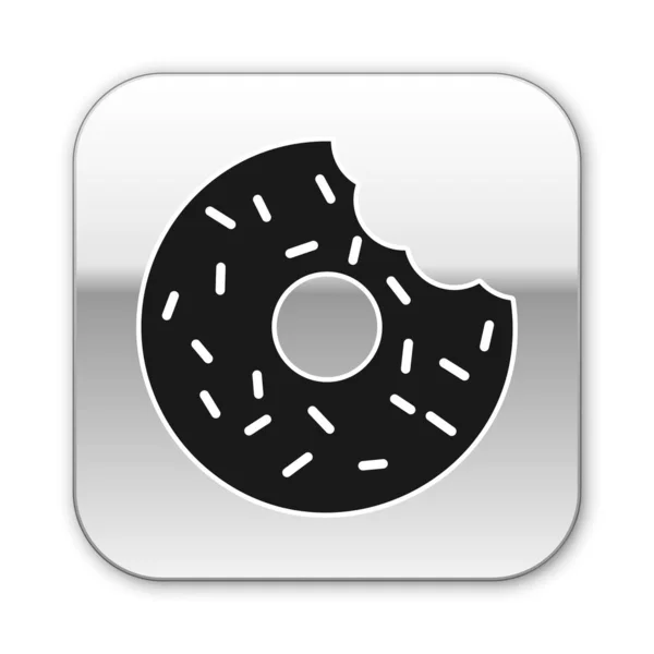 黑色甜甜圈与甜釉图标隔离在白色背景。银色方形按钮。矢量插图 — 图库矢量图片