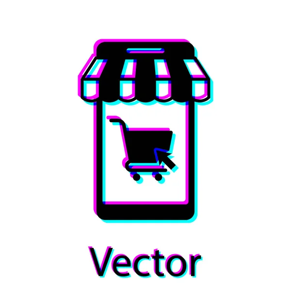 Sort Mobiltelefon og indkøbskurv med stribet markise ikon isoleret på hvid baggrund. Online køb symbol. Supermarked kurv symbol. Illustration af vektor – Stock-vektor