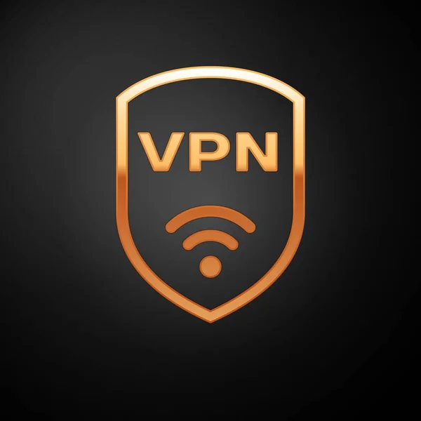 Escudo de oro con VPN y wifi icono de símbolo de red inalámbrica de Internet aislado en el fondo negro. VPN protege el concepto de seguridad. Ilustración vectorial — Vector de stock