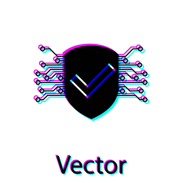 Icono de seguridad cibernética negra aislado sobre fondo blanco. Escudo con señal de verificación. Concepto de seguridad. Protección de datos digital. Ilustración vectorial — Vector de stock