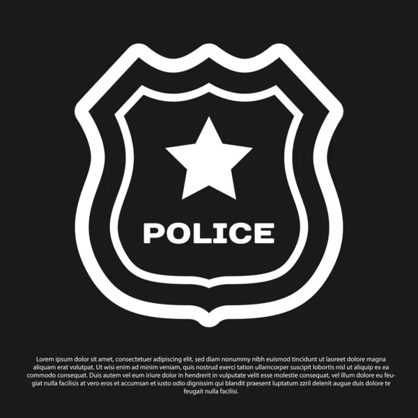 Icône de badge de police noire isolée sur fond noir. Panneau d'insigne du shérif. Illustration vectorielle — Image vectorielle