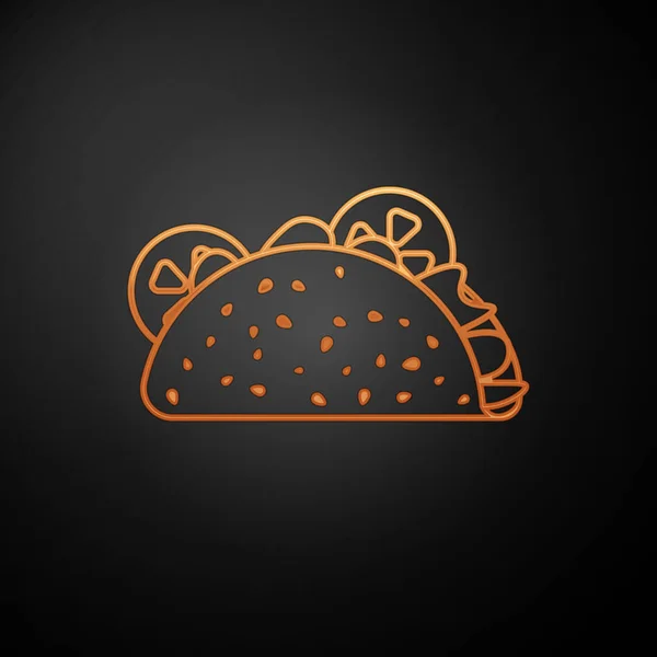Złoty Taco z ikoną tortilli na czarnym tle. Tradycyjna Meksykańska Fast food. Ilustracja wektorowa — Wektor stockowy