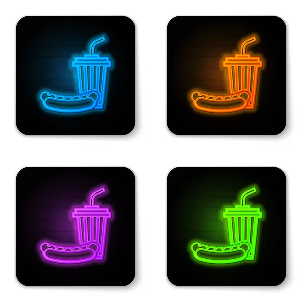 Lumineux néon Soda et icône de hotdog isolé sur fond blanc. Symbole de restauration rapide. Bouton carré noir. Illustration vectorielle — Image vectorielle