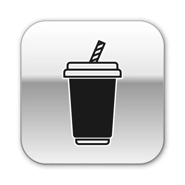 Black Glass with water icon isolated on white background. Soda drink glass with drinking straw. Fresh cold beverage symbol. Silver square button. Vector Illustration — Stock Vector