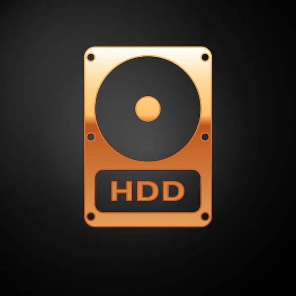 Χρυσό σκληρό δίσκο (HDD) εικονίδιο απομονώνεται σε μαύρο φόντο. Απεικόνιση διανυσματικών φορέων — Διανυσματικό Αρχείο
