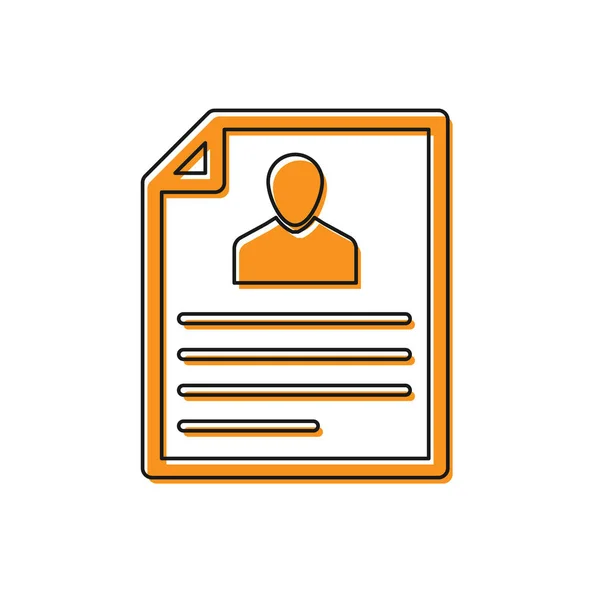 Orange Resume icon isolated on white background. CV application. Searching professional staff. Analyzing personnel resume. Vector Illustration — Stock Vector