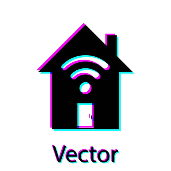 Casa inteligente negra con icono wi-fi aislado sobre fondo blanco. Control remoto. Ilustración vectorial — Vector de stock