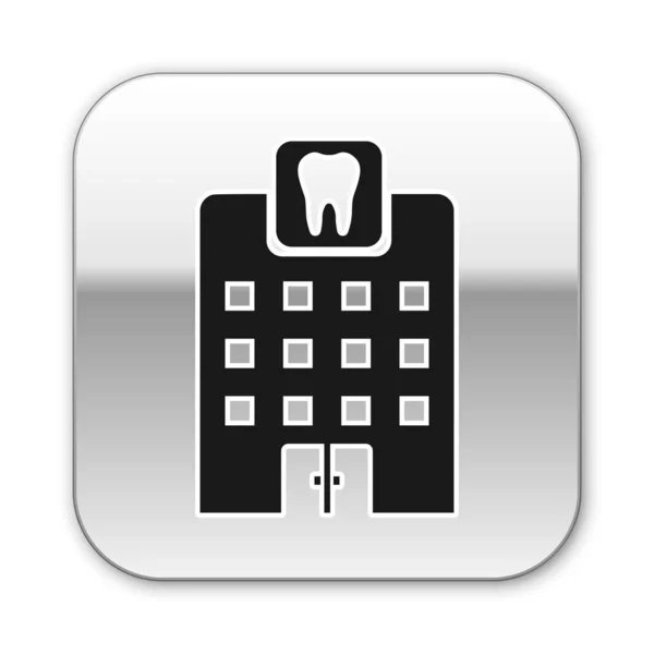 Schwarzes Zahnkliniksymbol isoliert auf weißem Hintergrund. Zahnarztzentrum Symbol. Silberner quadratischer Knopf. Vektorillustration — Stockvektor