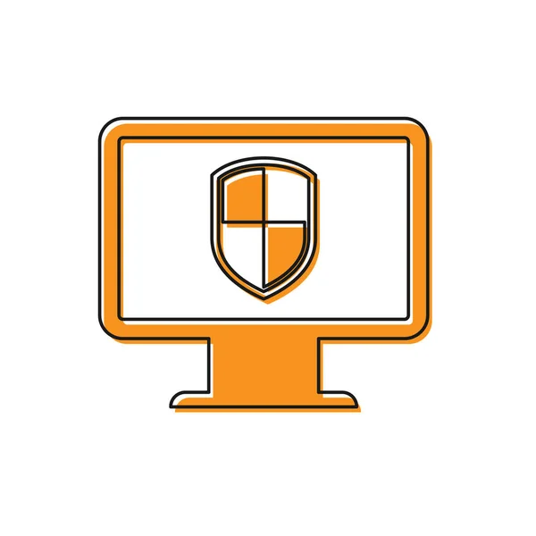 Monitor de ordenador naranja e icono de escudo aislado sobre fondo blanco. Seguridad informática, tecnología de firewall, seguridad de privacidad en Internet o antivirus. Ilustración vectorial — Archivo Imágenes Vectoriales