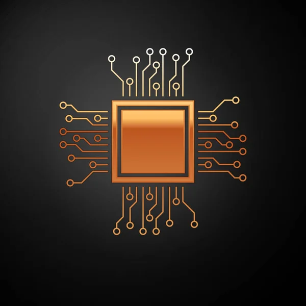 Icono del procesador de oro aislado sobre fondo negro. CPU, unidad central de procesamiento, microchip, microcircuito, procesador de computadoras, chip. Ilustración vectorial — Vector de stock