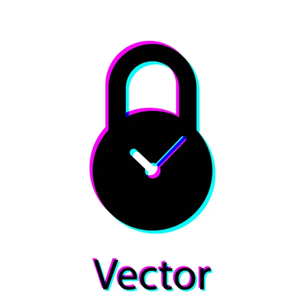 Candado negro con icono de reloj aislado sobre fondo blanco. Concepto de control de tiempo. Bloqueo y cuenta atrás, fecha límite, horario, símbolo de planificación. Ilustración vectorial — Vector de stock