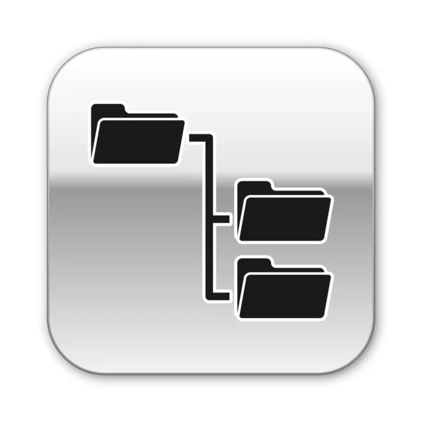 黑色文件夹树图标隔离在白色背景上。计算机网络文件夹组织结构流程图。银色方形按钮。矢量插图 — 图库矢量图片