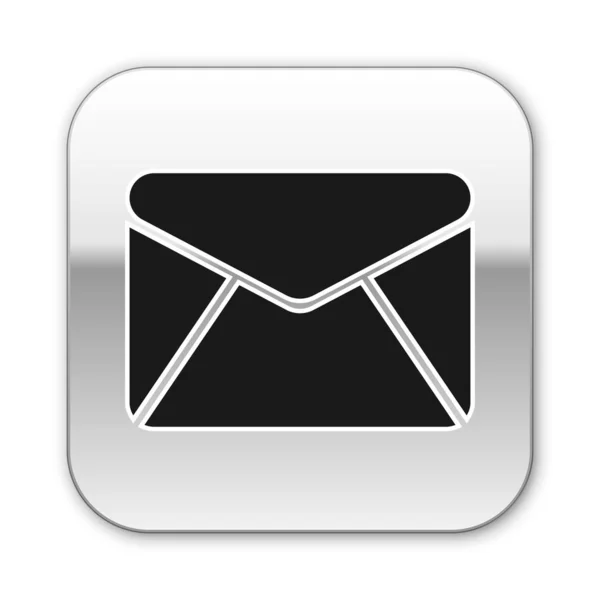 Icono de sobre negro aislado sobre fondo blanco. Mensaje de correo electrónico símbolo de letra. Botón cuadrado plateado. Ilustración vectorial — Vector de stock