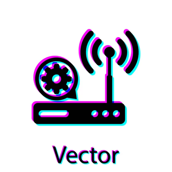 Schwarzer Router und WLAN-Signal und Getriebesymbol isoliert auf weißem Hintergrund. Anpassung App, Servicekonzept, Einstellungsmöglichkeiten, Wartung, Reparatur, Reparatur. Vektorillustration — Stockvektor