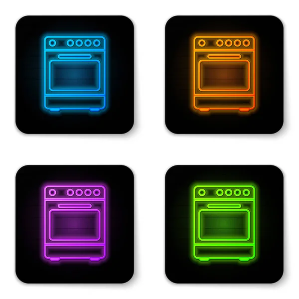 Świecąca ikona pieca Neon na białym tle. Piec kuchenka gazowa podpisać. Czarny kwadrat przycisk. Ilustracja wektorowa — Wektor stockowy