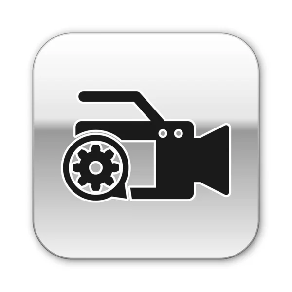 Black Video camera and gear icon isolated on white background. Adjusting app, service concept, setting options, maintenance, repair, fixing. Silver square button. Vector Illustration — Stock Vector