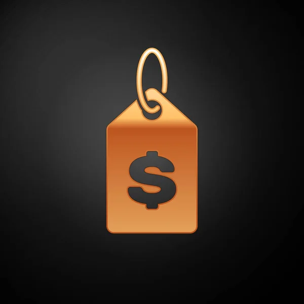 Золотой ценник с иконой доллара на черном фоне. Значок по цене. Продажа с символом доллара. Акция скидка. Векторная миграция — стоковый вектор