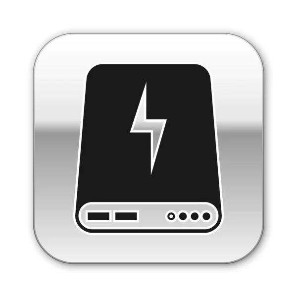 Zwarte Power Bank pictogram geïsoleerd op witte achtergrond. Draagbaar oplaadapparaat. Zilveren vierkante knop. Vector illustratie — Stockvector