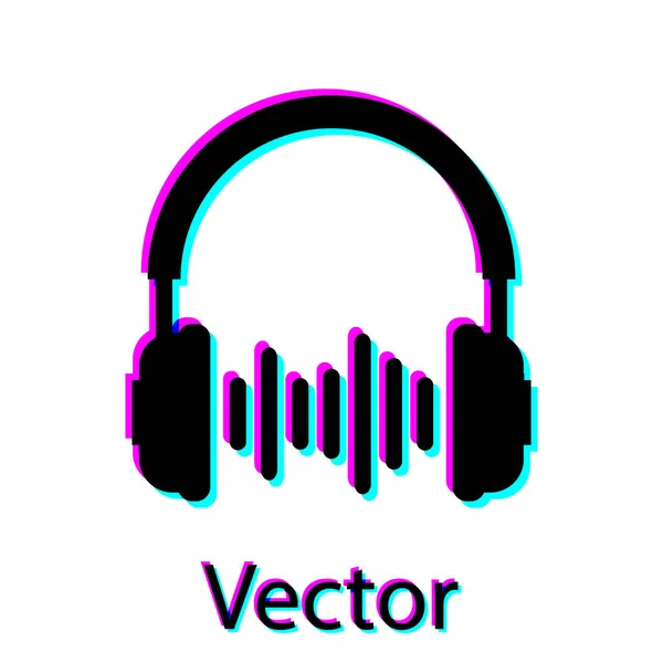 Headphone preto e ondas de som ícone no fundo branco. Sinal de fone de ouvido. Objeto conceitual para ouvir música, serviço, comunicação e operador. Ilustração vetorial — Vetor de Stock