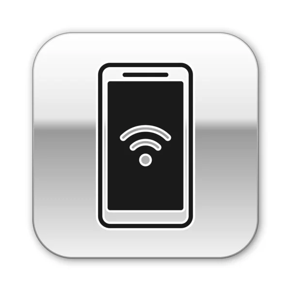 Smartphone negro con Wi-Fi gratis icono de conexión inalámbrica aislado sobre fondo blanco. Tecnología inalámbrica, conexión wi-fi, red inalámbrica. Botón cuadrado plateado. Ilustración vectorial — Vector de stock