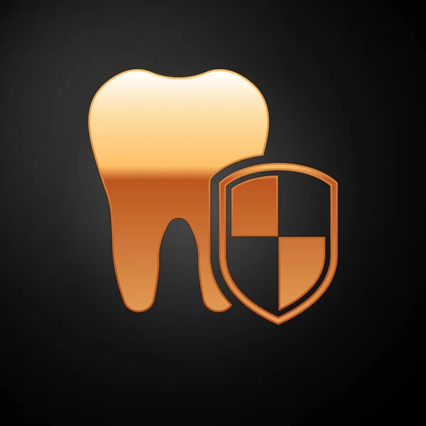 Золота піктограма захисту зубів ізольована на чорному тлі. Зуб на логотипі щита. Векторна ілюстрація — стоковий вектор