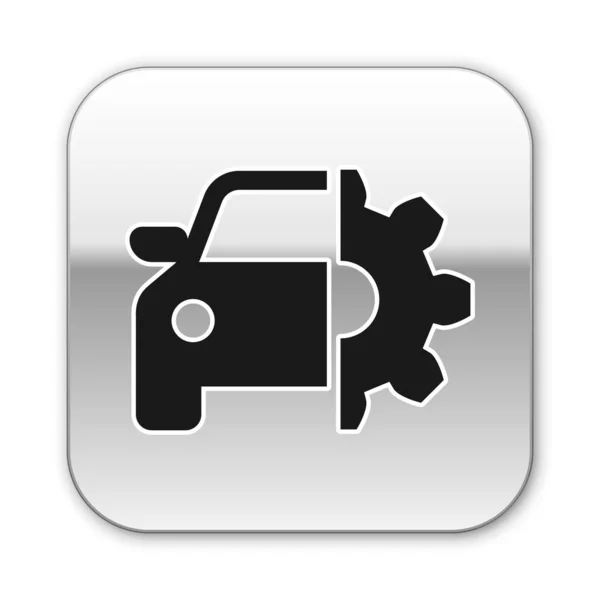 Icono de servicio de Black Car aislado sobre fondo blanco. Servicio mecánico automático. Servicio mecánico. Servicio de reparación mecánico de automóviles. Signo de mantenimiento. Botón cuadrado plateado. Ilustración vectorial — Vector de stock