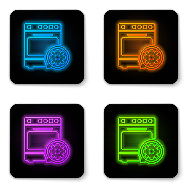 Glowing neon Oven and gear icon isolated on white background. Adjusting app, service concept, setting options, maintenance, repair, fixing. Black square button. Vector Illustration