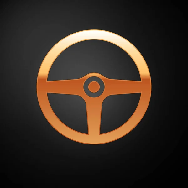 Icono del volante dorado aislado sobre fondo negro. Icono de rueda de coche. Ilustración vectorial — Vector de stock