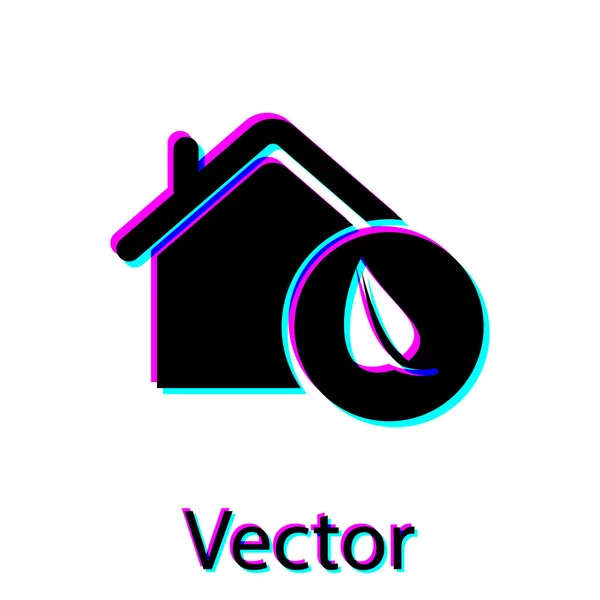 Schwarzes umweltfreundliches Haussymbol isoliert auf weißem Hintergrund. Ökohaus mit Blatt. Vektorillustration — Stockvektor