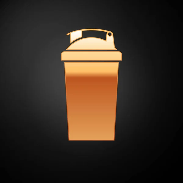 Icono del agitador Gold Fitness aislado sobre fondo negro. Botella agitadora deportiva con tapa para cócteles de agua y proteínas. Ilustración vectorial — Vector de stock