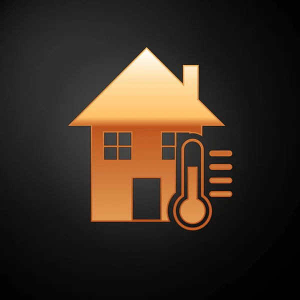 Icono de temperatura Gold House aislado sobre fondo negro. Icono del termómetro. Ilustración vectorial — Vector de stock