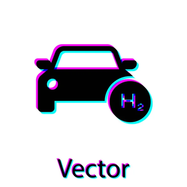 Icono de coche de hidrógeno negro aislado sobre fondo blanco. Señal de la estación H2. Coche de pila de combustible de hidrógeno respetuoso con el medio ambiente cero emisiones. Ilustración vectorial — Vector de stock