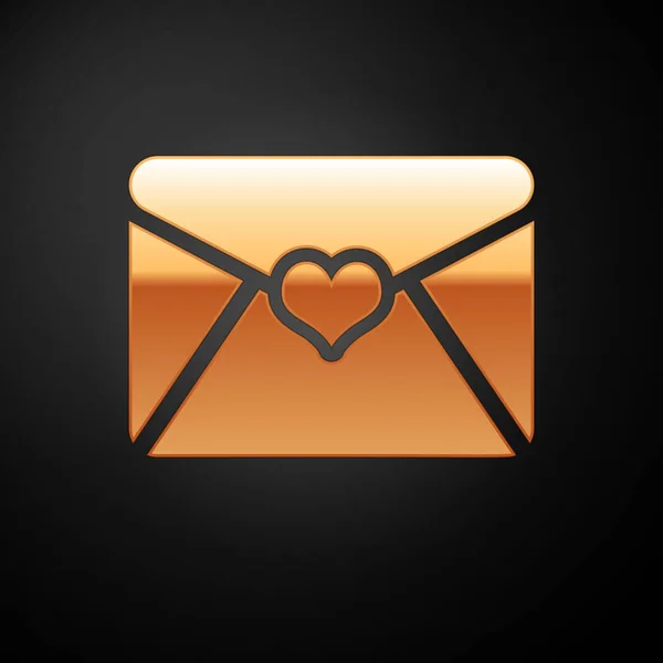 Goldener Umschlag mit Valentinsherz-Symbol auf schwarzem Hintergrund. Brief Liebe und Romantik. Vektorillustration — Stockvektor