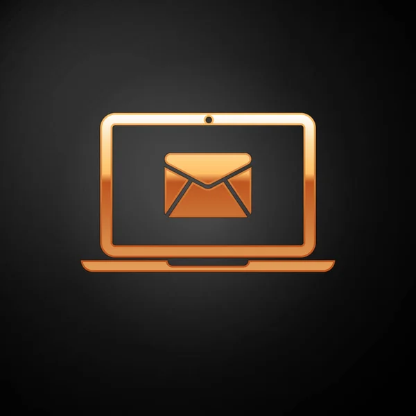 Laptop de oro con sobre y correo electrónico abierto en el icono de la pantalla aislado en el fondo negro. Email marketing, conceptos de publicidad en Internet. Ilustración vectorial — Archivo Imágenes Vectoriales