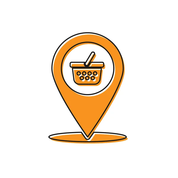 Puntero de mapa naranja con icono de cesta de la compra aislado sobre fondo blanco. Tienda de puntos de pin y compras. Símbolo de cesta de supermercado. Ilustración vectorial — Archivo Imágenes Vectoriales