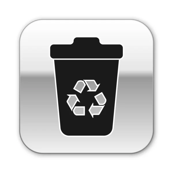 Zwarte Prullenbak met recycle symbool pictogram geïsoleerd op witte achtergrond. Prullenbakpictogram. Vuilnis bin teken. Recycle mand teken. Zilveren vierkante knop. Vector illustratie — Stockvector