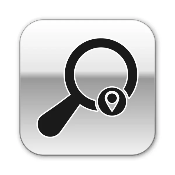 Icono de ubicación de búsqueda negro aislado sobre fondo blanco. Lupa con signo de puntero. Botón cuadrado plateado. Ilustración vectorial — Vector de stock