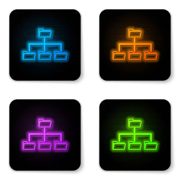 Glowing neon Folder tree icon isolated on white background. Computer network file folder organization structure flowchart. Black square button. Vector Illustration — Stock Vector