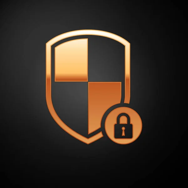 Gold Shield Security med låsikonen isolerad på svart bakgrund. Skydd, säkerhet, lösenordssäkerhet. Brandväggsåtkomst sekretess tecken. Vektor illustration — Stock vektor