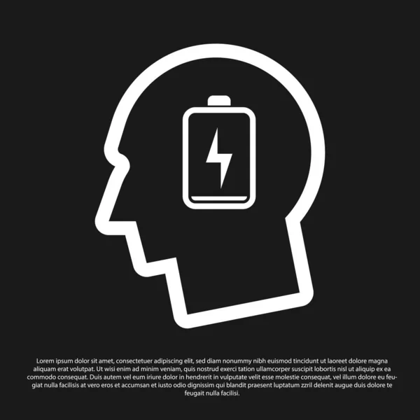 Black Male head with low battery icon isolated on black background. Tired man. Vector Illustration — Stock Vector