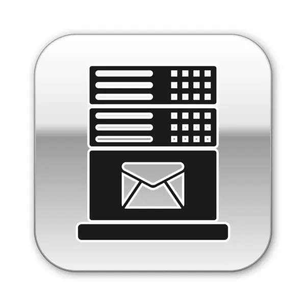 Schwarzes Mailserver-Symbol auf weißem Hintergrund. Silberner quadratischer Knopf. Vektorillustration — Stockvektor