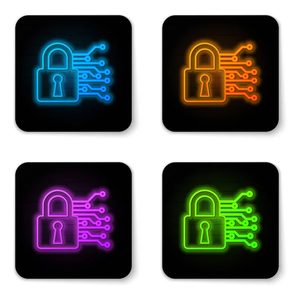 Glowing neon Cyber security icon isolated on white background. Closed padlock on digital circuit board. Safety concept. Digital data protection. Black square button. Vector Illustration — Stock Vector