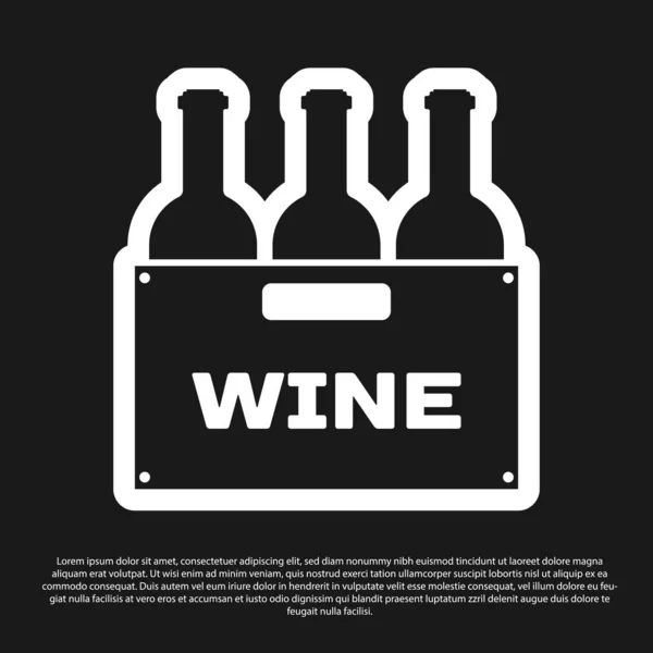 Černé láhve vína v dřevěné ikoně, izolované na černém pozadí. Láhve s vínem v dřevěné ikoně. Vektorová ilustrace — Stockový vektor