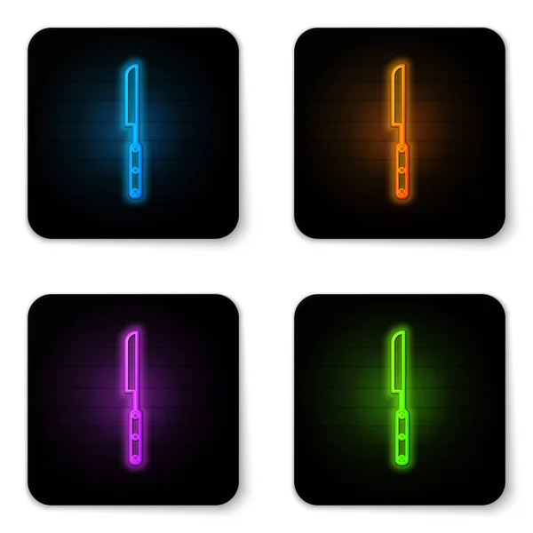 Glowing neon Barbecue knife icon isolated on white background. Kitchen knife icon. BBQ knife sign. Barbecue and grill tool. Black square button. Vector Illustration — Stock Vector